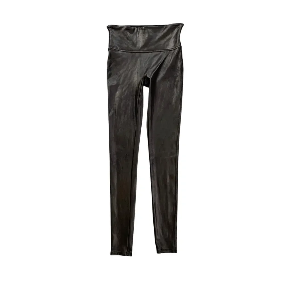 Spanx Leggings Womens S Small Black Coated Faux Leather Pull On Stretch Skinny